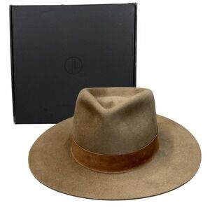 Janessa Leone Wool Hat Fedora Womens L Brown Wide Brim Suede Strap Accent OG Box
